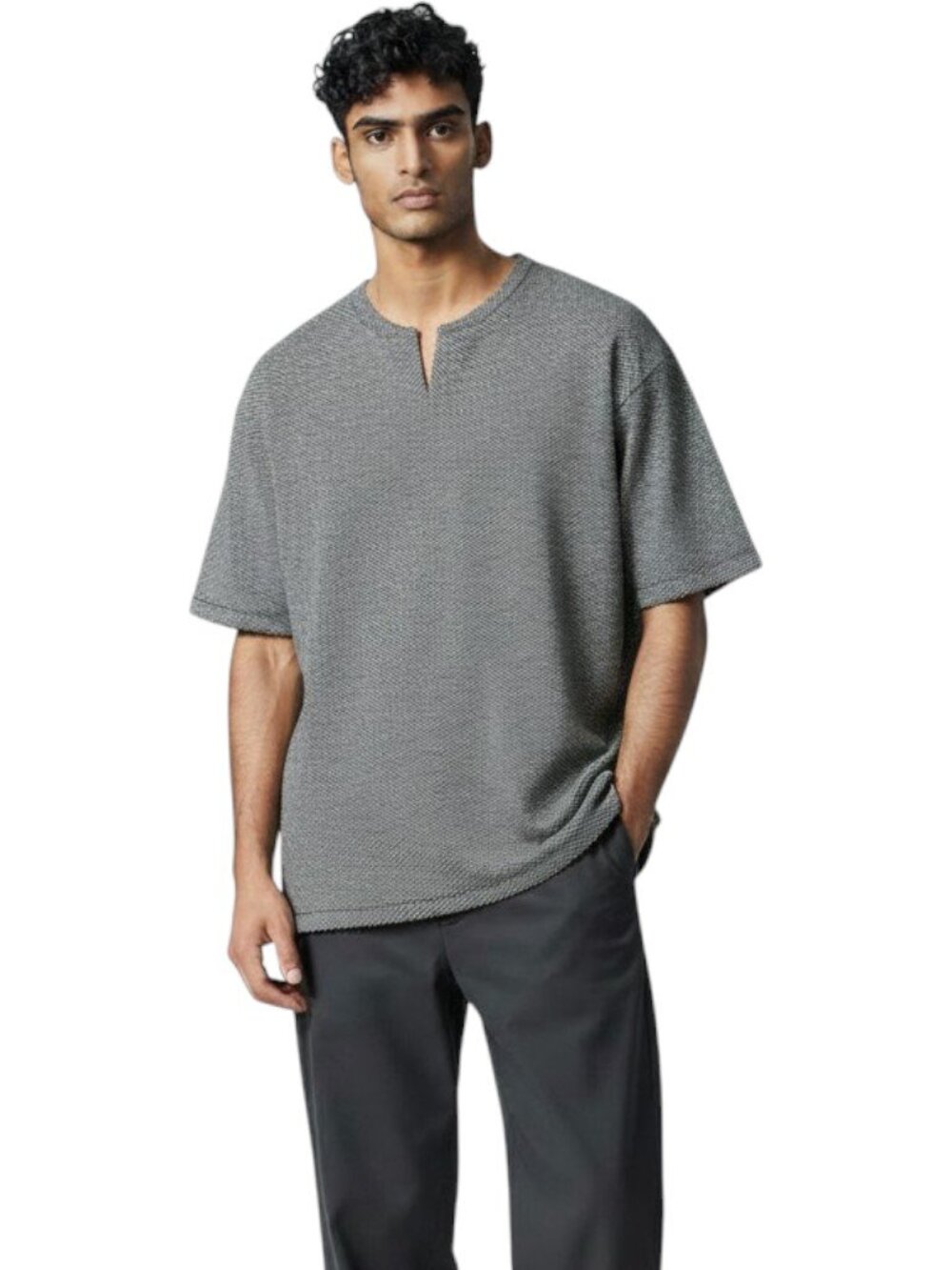 Open Edit Henley Short Sleeve Top Black White Textured Knit Curved Hem Size XL